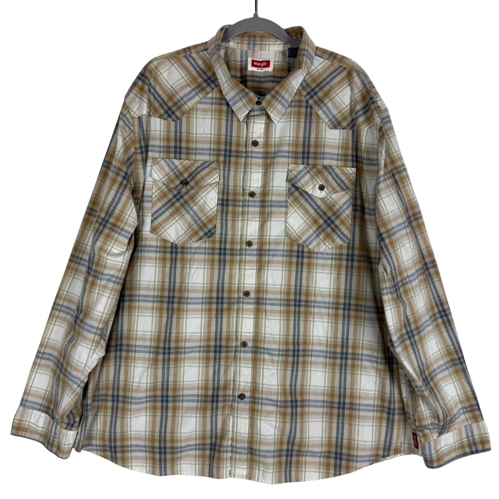 Wrangler Shirt Mens 3XL Beige Plaid Long Sleeve Button Front Western Stretch